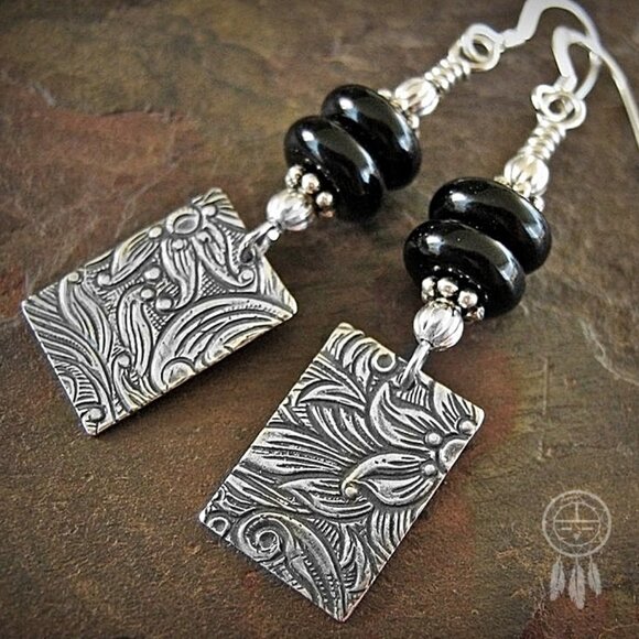 Black Onyx Floral Dangle Earrings 925 Sterling Silver - Picture 2 of 7